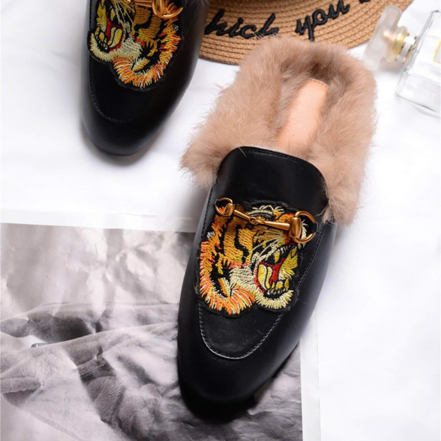 Casual Buckle Fur Embroidery Mules Slippers Shoes