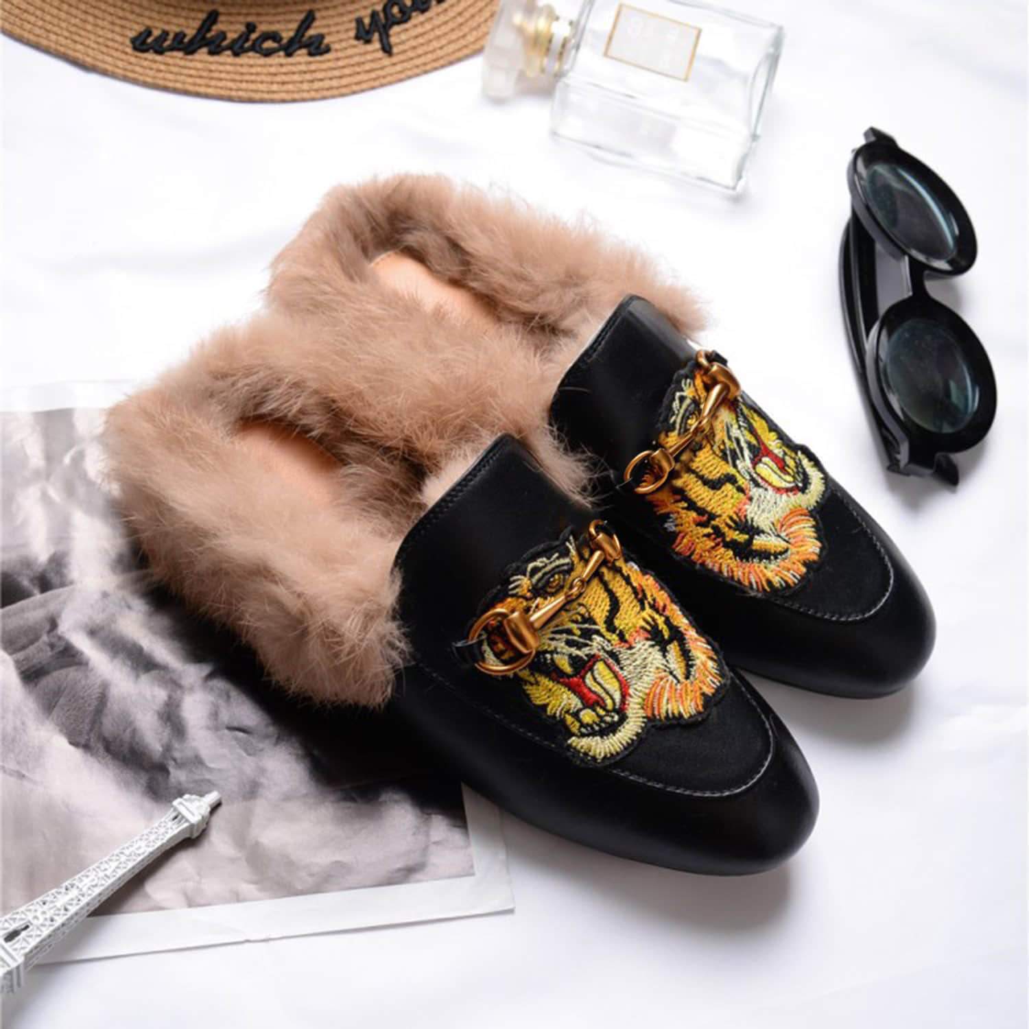 Casual Buckle Fur Embroidery Mules Slippers Shoes
