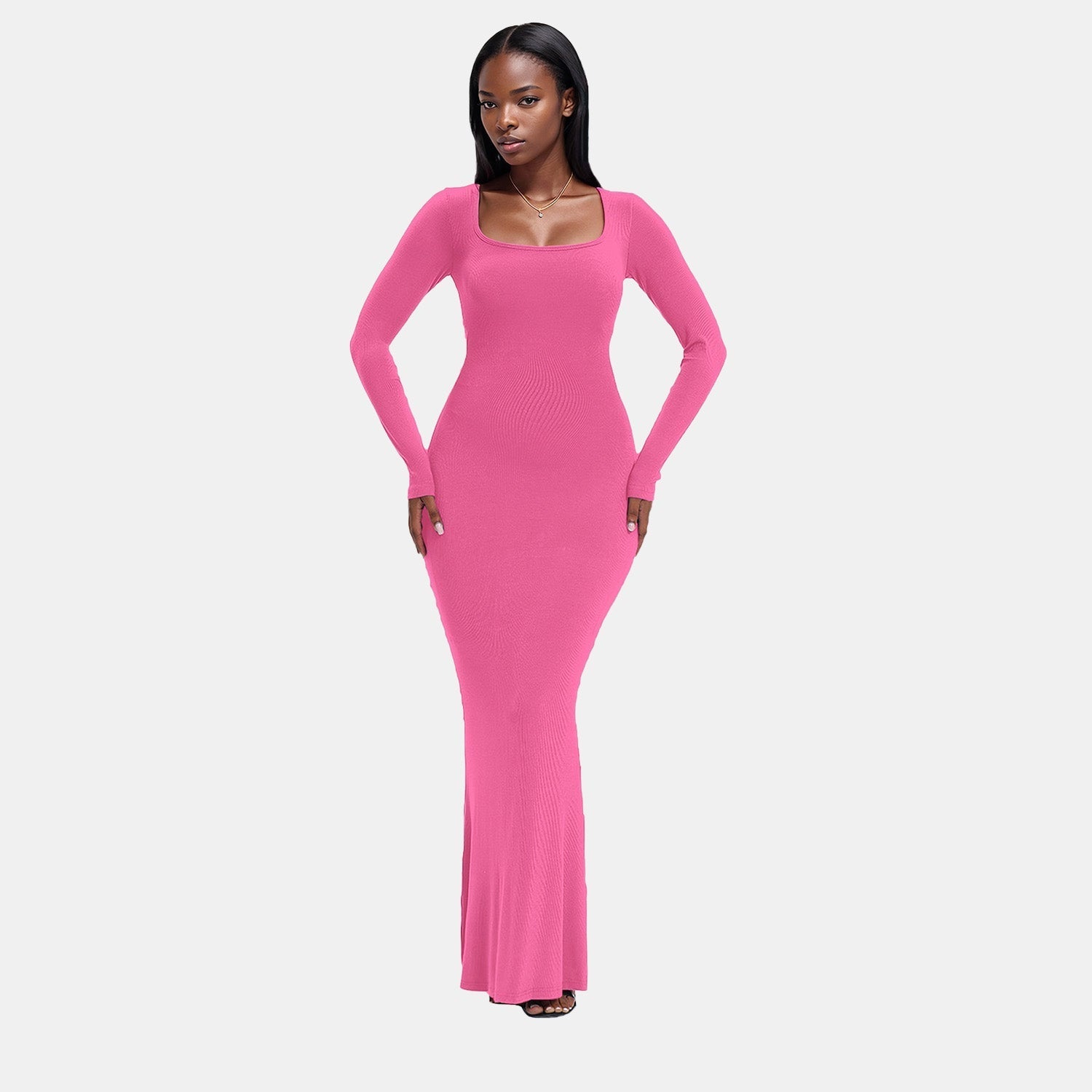 Built-In Shaper Long Sleeve Square Neck Maxi Dress