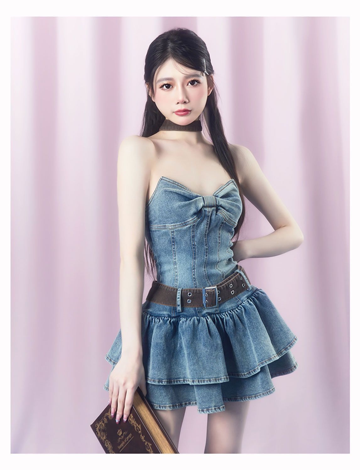 Ribbon chest strapless denim dress