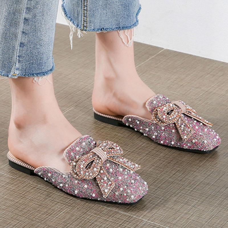 Square toe beaded bowknot flat slippers