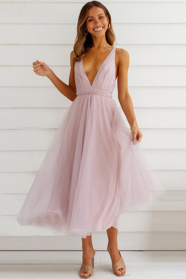 Plunging Neck Backless Mesh Midi Dress