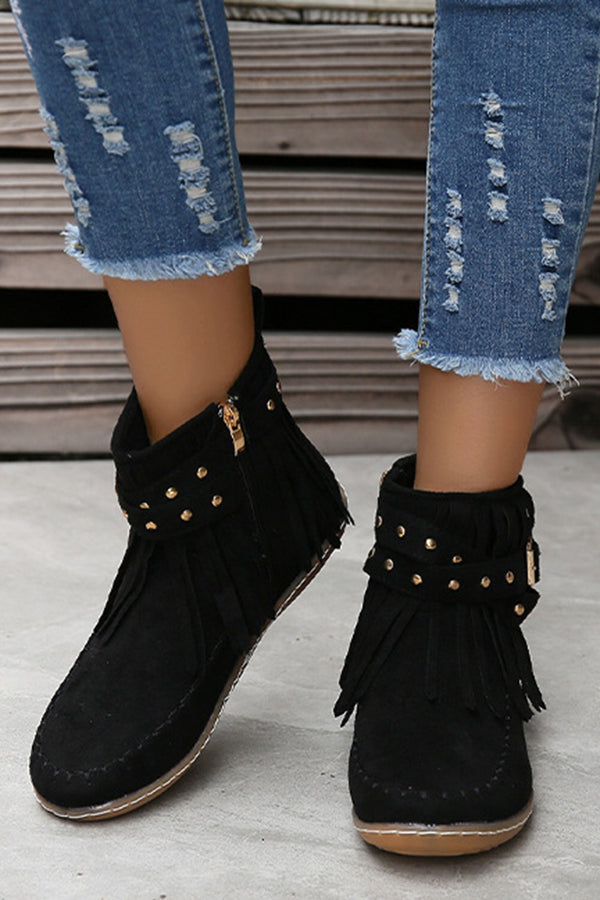 Casual Warm Solid Color Side Zipper Low-Cut Tassel Flat Ankle Boots NewGew