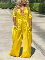 Loose Solid V-neck Jumpsuit