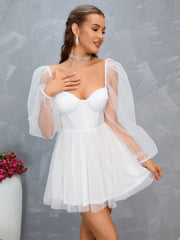 Sweetheart Neck Lantern Sleeve Mesh Overlay Bustier Dress