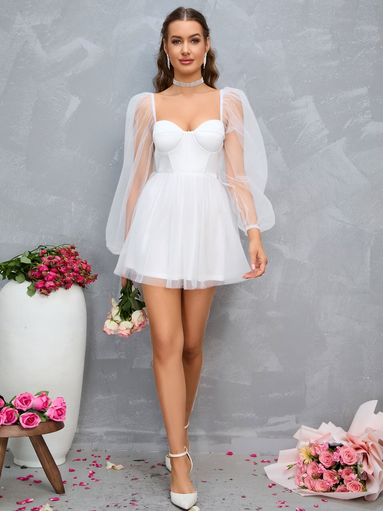 Sweetheart Neck Lantern Sleeve Mesh Overlay Bustier Dress