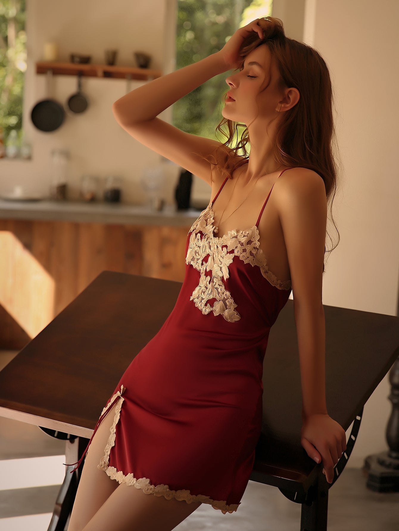 2PCS Set Silky Satin Babydoll Slip Negligees Sexy Lingerie with thongs for Women Sai Feel