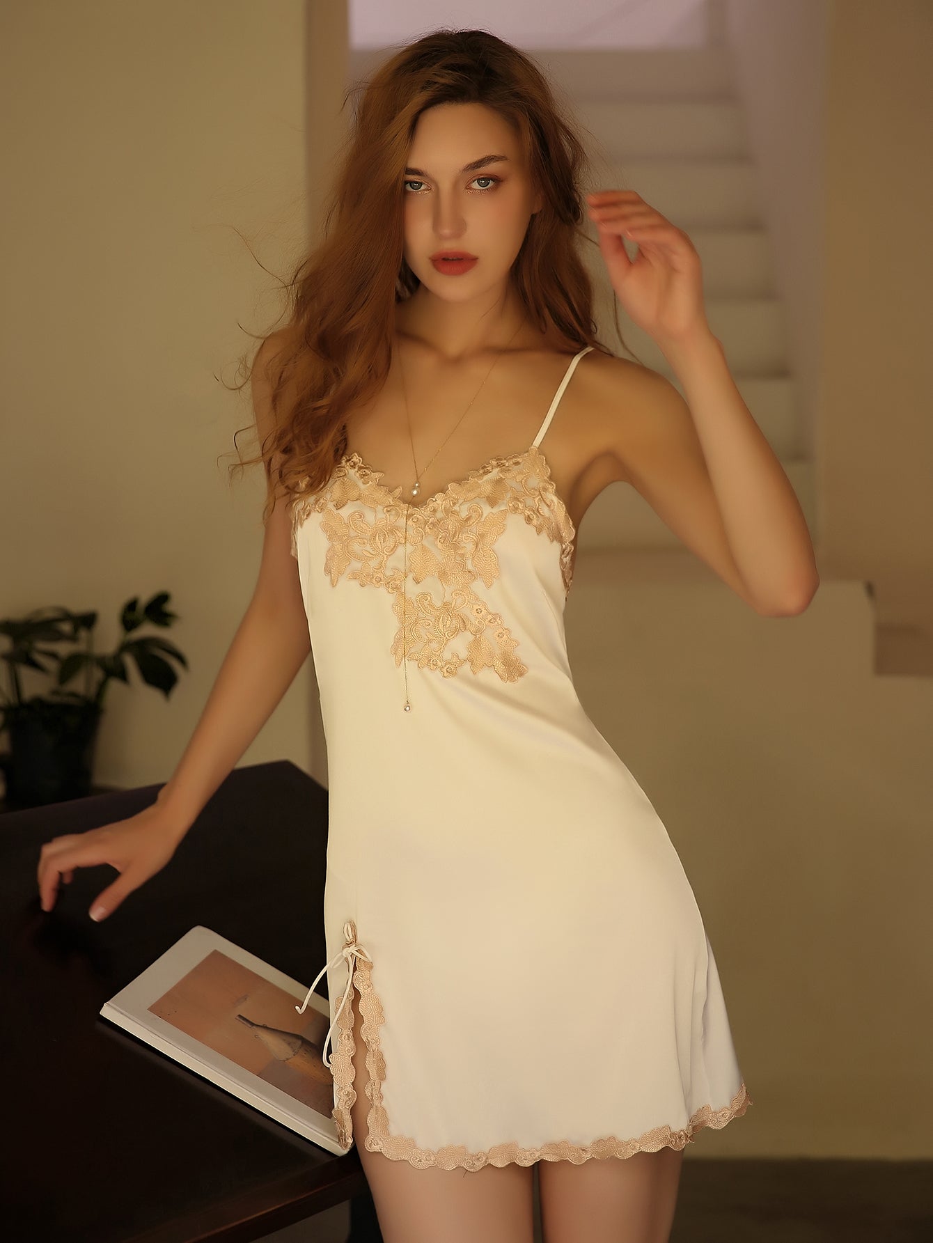 2PCS Set Silky Satin Babydoll Slip Negligees Sexy Lingerie with thongs for Women Sai Feel