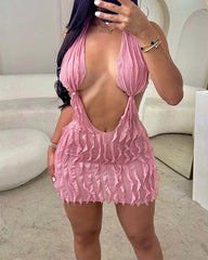 Vortex Blush Rüschen-Tiefausschnittkleid 