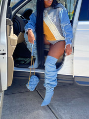 Gestrickte Denim-Patchwork-Pullover