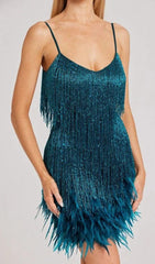 TASSEL FEATHER MINI DRESS IN DARK GREEN