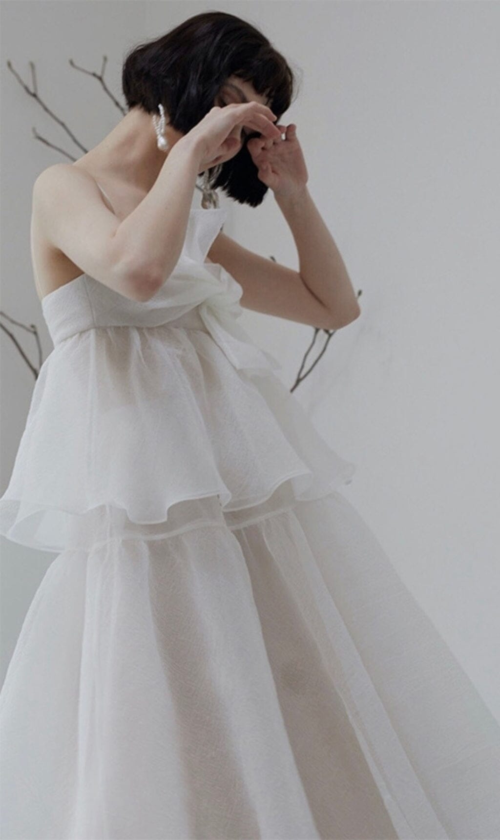 Suspender Bow Strapless Seersucker Dress In White