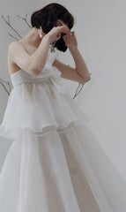 Suspender Bow Strapless Seersucker Dress In White