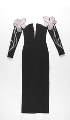 Schwarzes schulterfreies Maxi-Bandage-Kleid 