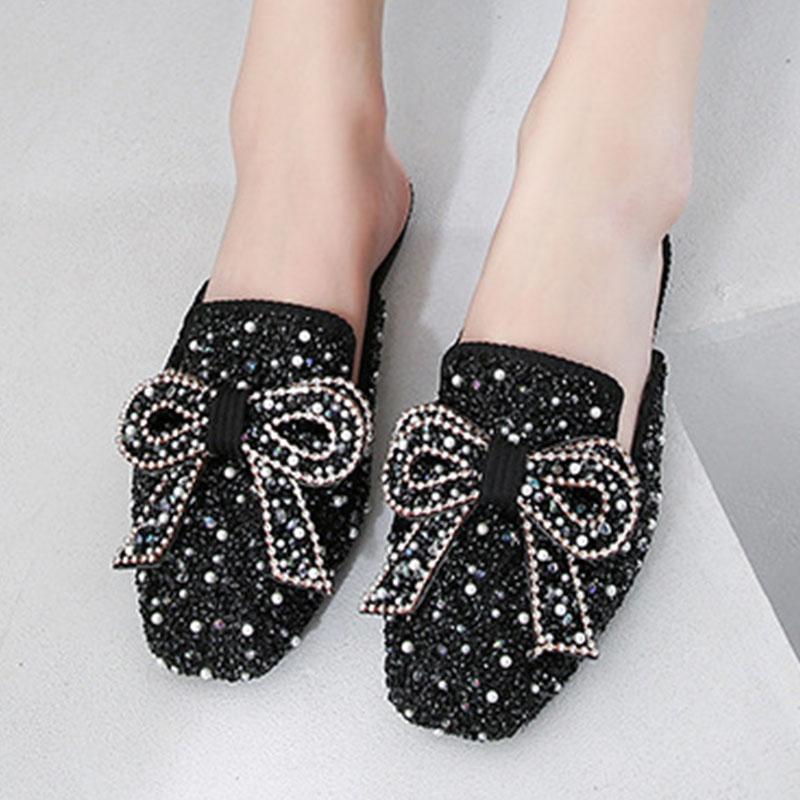 Square toe beaded bowknot flat slippers