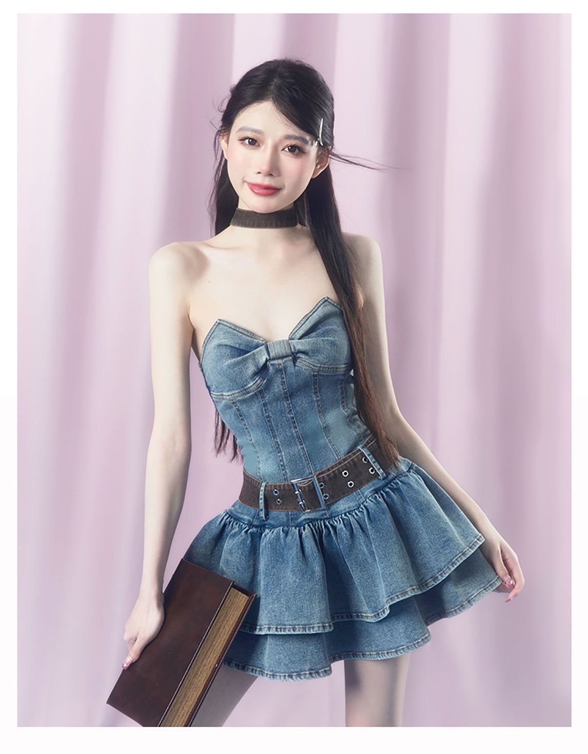 Ribbon chest strapless denim dress