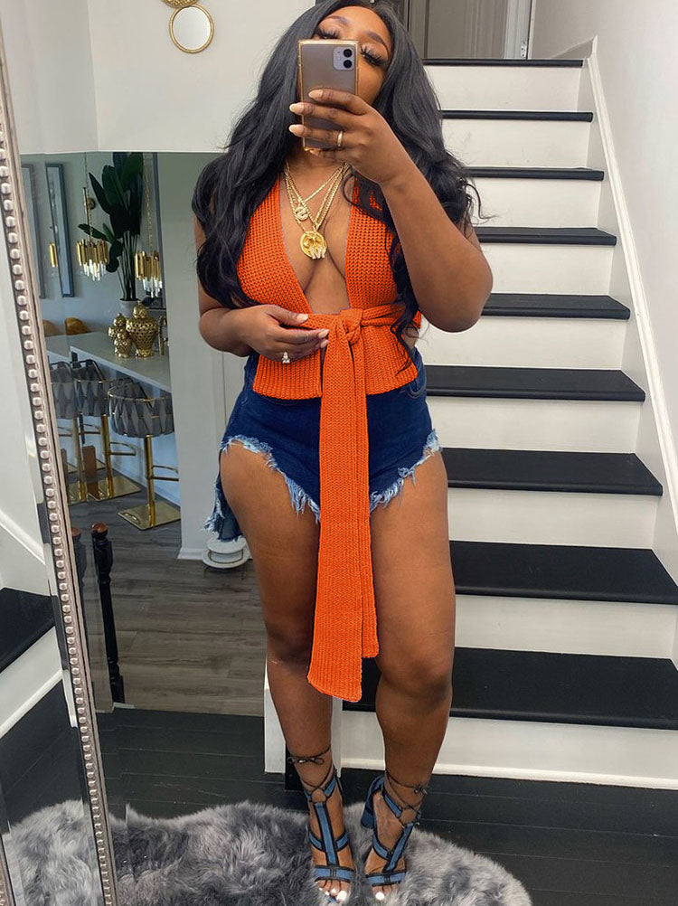 Ärmelloses, unregelmäßiges, rückenfreies Strick-Crop-Top