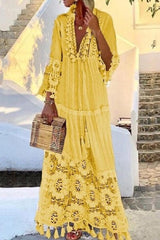 Bodenlanges Sommerkleid mit V-Ausschnitt und Patchwork und neun Ärmeln