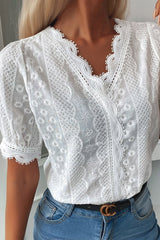 V-Neck Lace Hem Eyelet Embroidered Top Ins street