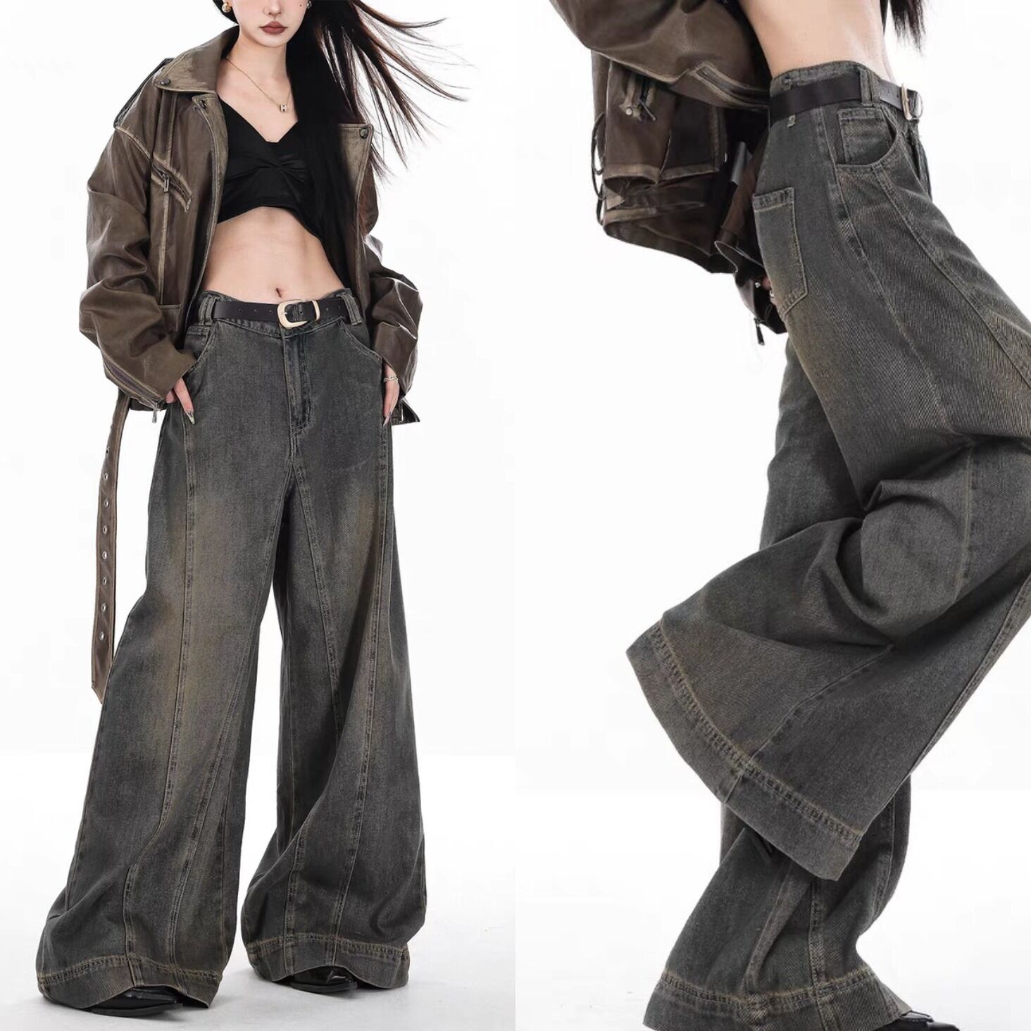 High Waisted Baggy Jeans - Multi-pocket