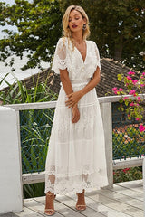 Boho White V-Neck Lace Maxi Dress Ins street
