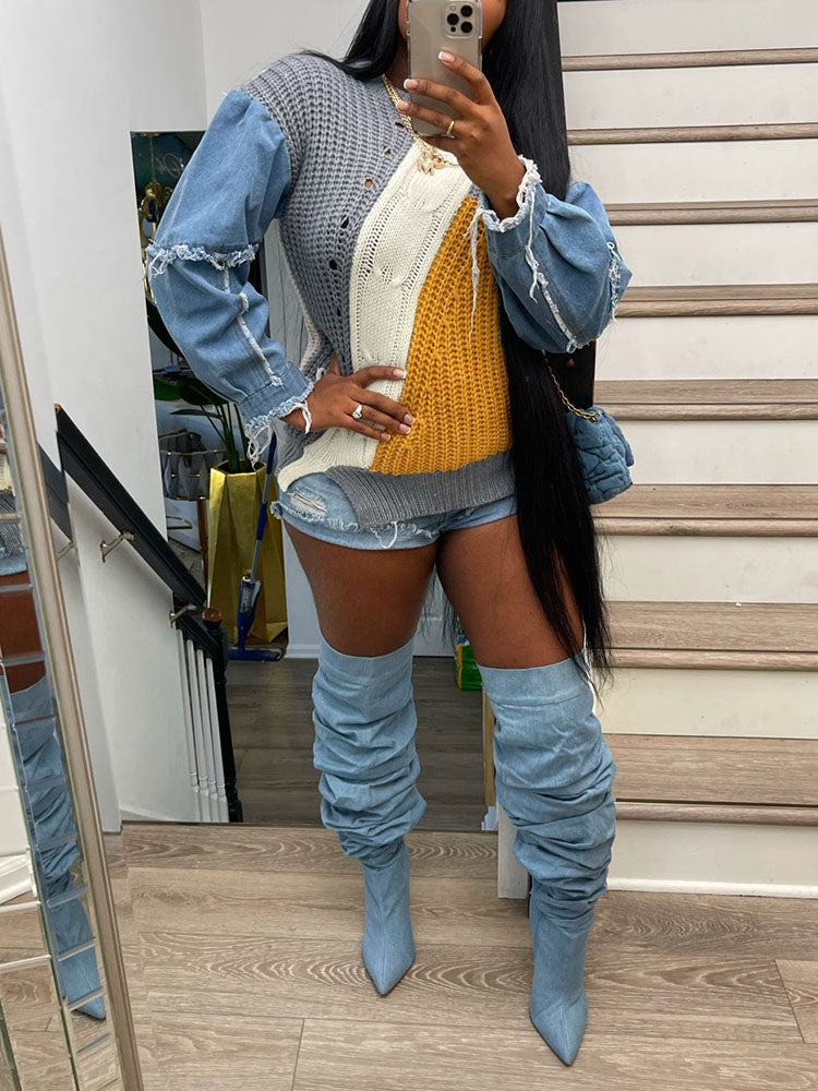 Gestrickte Denim-Patchwork-Pullover