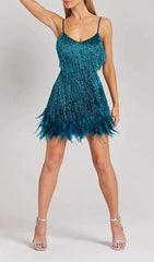 TASSEL FEATHER MINI DRESS IN DARK GREEN