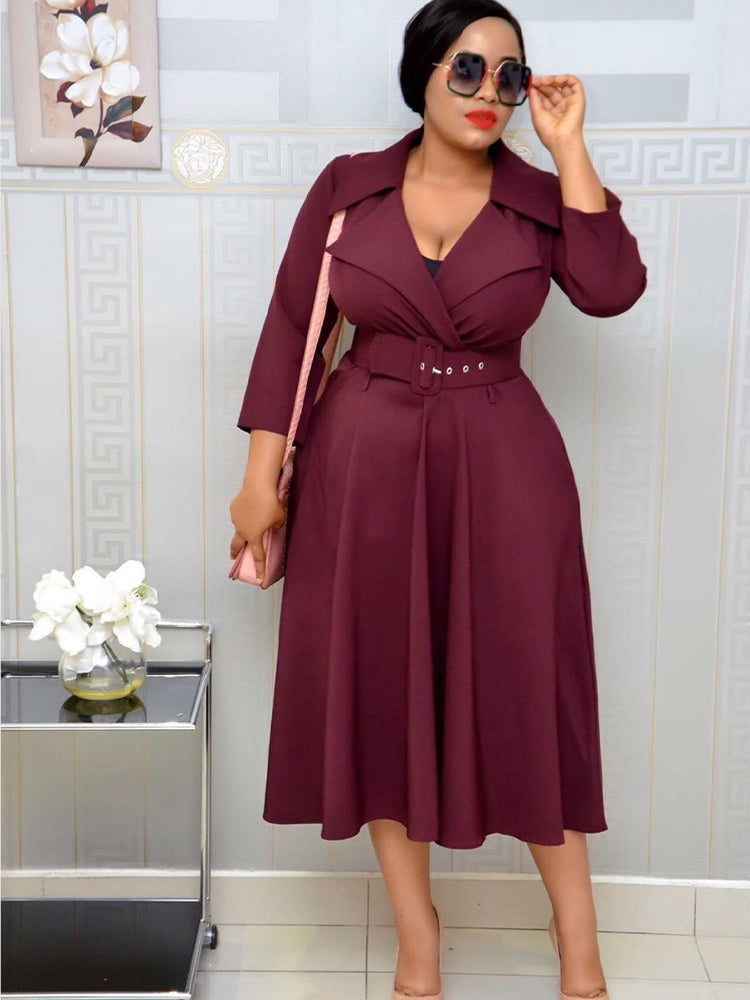 Fashoin Solid Lapel Maxi Dress
