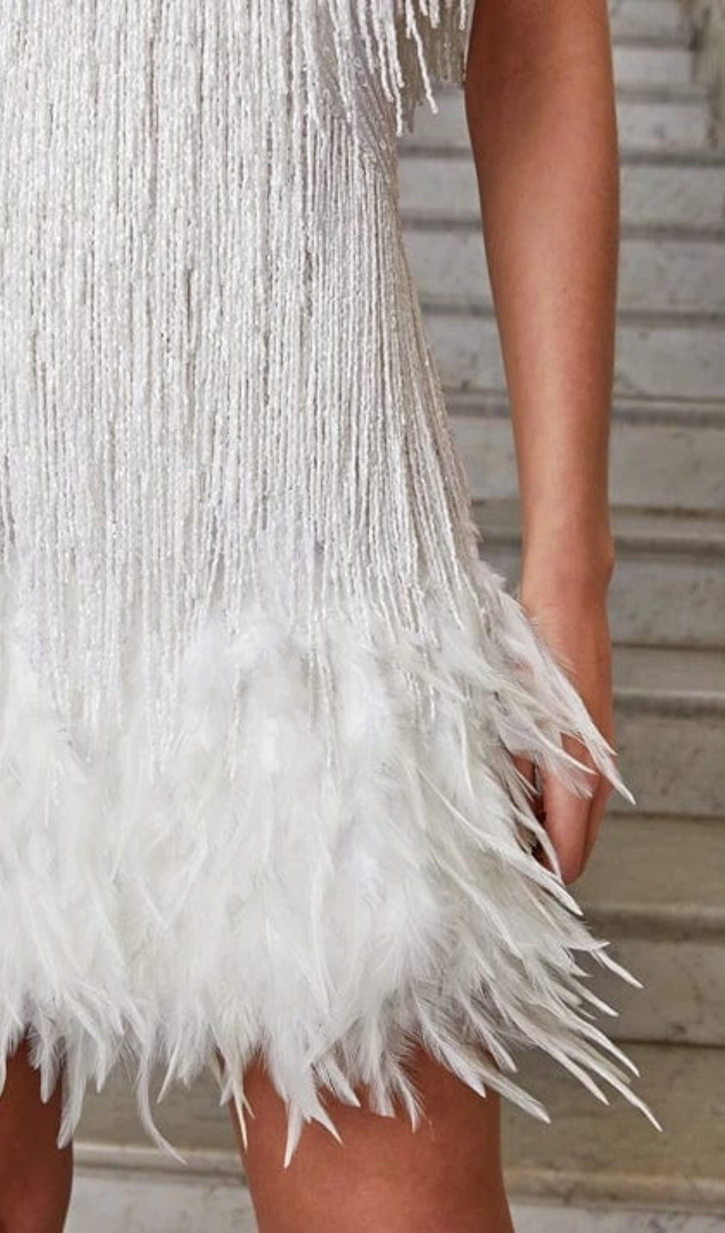 TASSEL FEATHER MINI DRESS IN WHITE