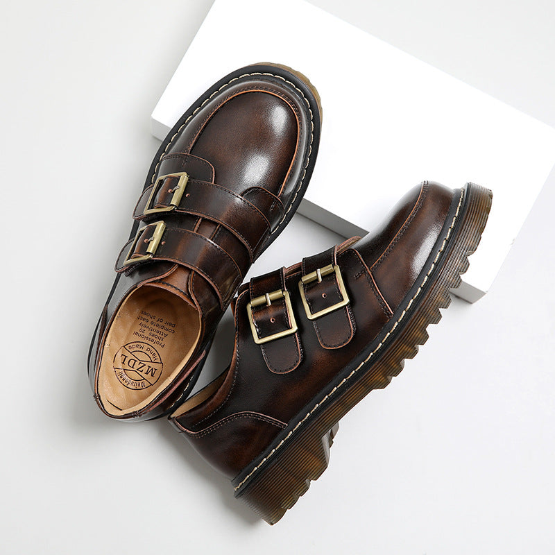 Retro Round Head Double Buckle Leather JK Loafers Shoes