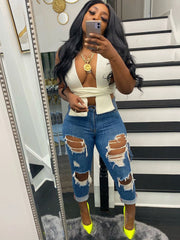 Ärmelloses, unregelmäßiges, rückenfreies Strick-Crop-Top