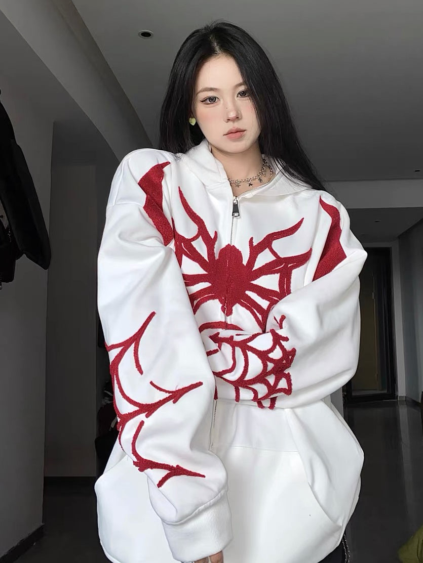Kapuzenpullover mit Reißverschluss und Punk-Spinnen-Stickerei