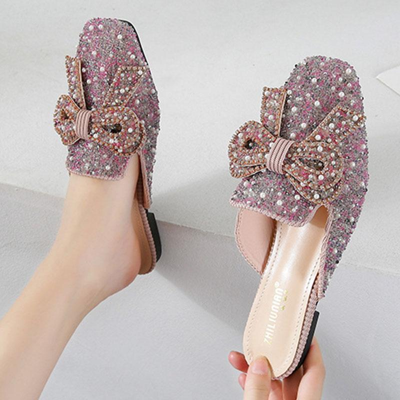 Square toe beaded bowknot flat slippers