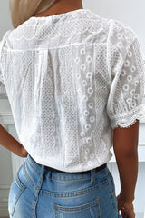 V-Neck Lace Hem Eyelet Embroidered Top Ins street