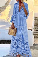 Bodenlanges Sommerkleid mit V-Ausschnitt und Patchwork und neun Ärmeln