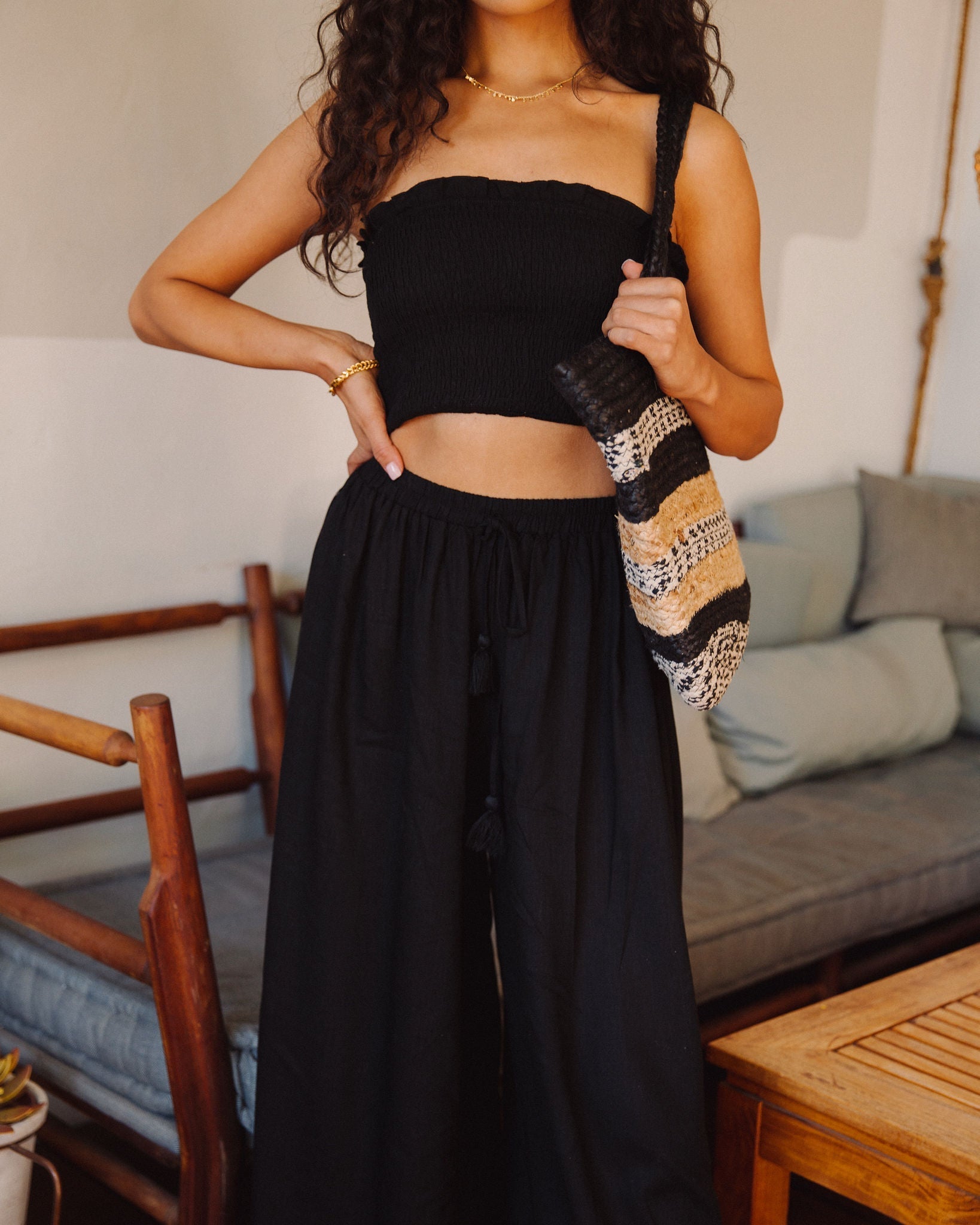 Teri Leinenmischung Smocked Tube Top - Schwarz - ENDGÜLTIGER VERKAUF 