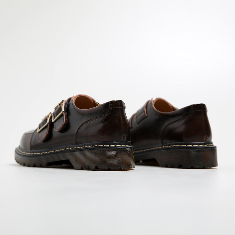 Retro Round Head Double Buckle Leather JK Loafers Shoes