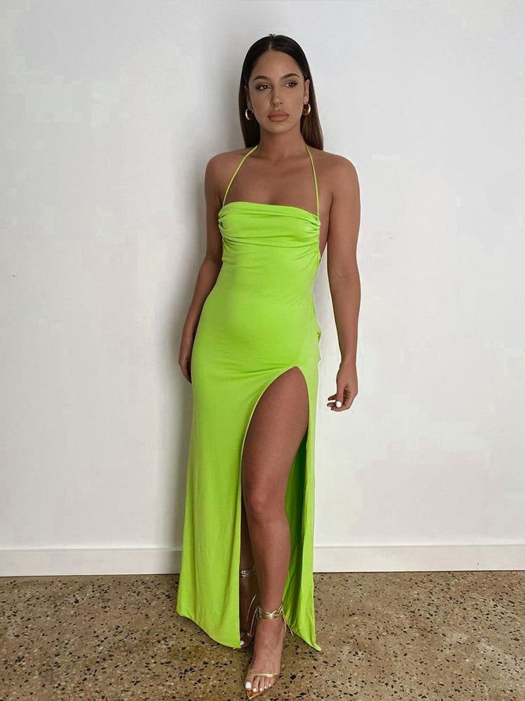 Neckholder-Maxikleid mit offenem Rücken und Schlitz 