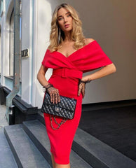 V Neck Short Sleeve With Belt Midi Bandage Dress PP211130