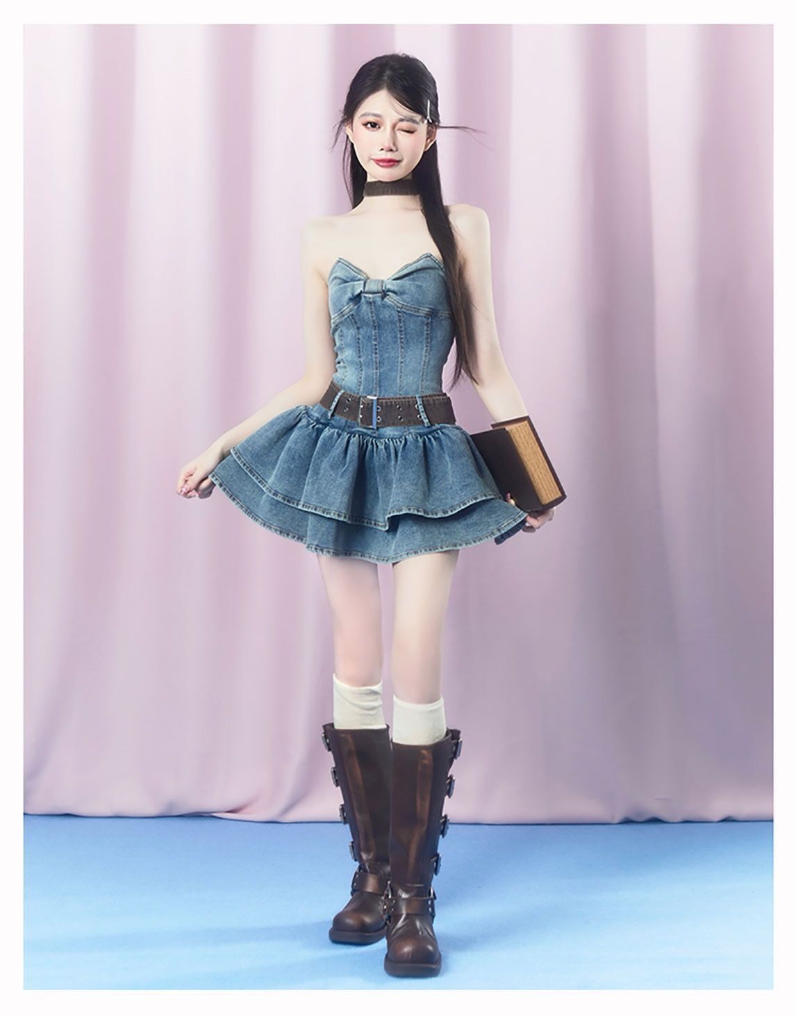 Ribbon chest strapless denim dress