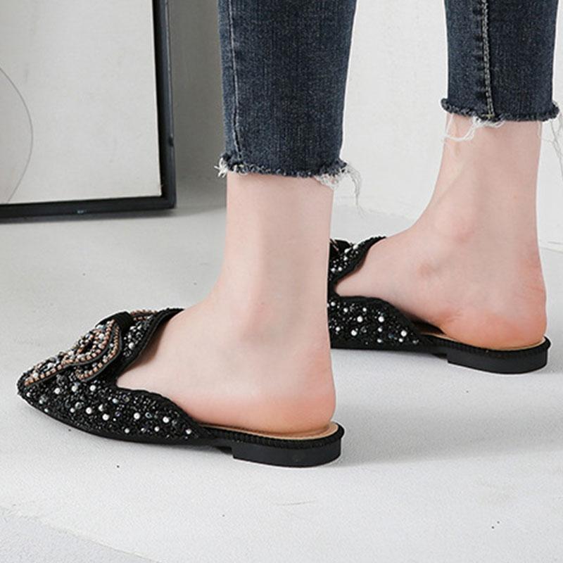 Square toe beaded bowknot flat slippers