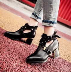 Leather Buckle High Heels Boots
