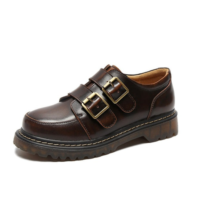 Retro Round Head Double Buckle Leather JK Loafers Shoes