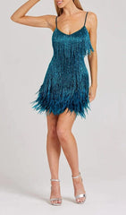 TASSEL FEATHER MINI DRESS IN DARK GREEN