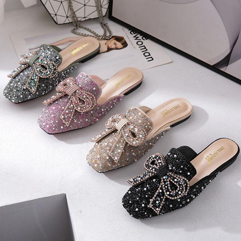 Square toe beaded bowknot flat slippers