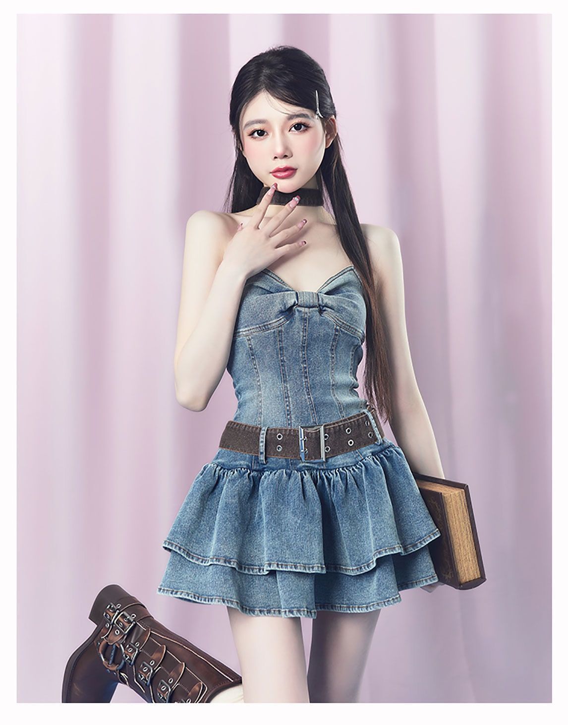 Ribbon chest strapless denim dress