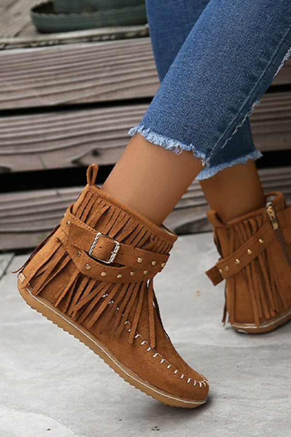 Casual Warm Solid Color Side Zipper Low-Cut Tassel Flat Ankle Boots NewGew