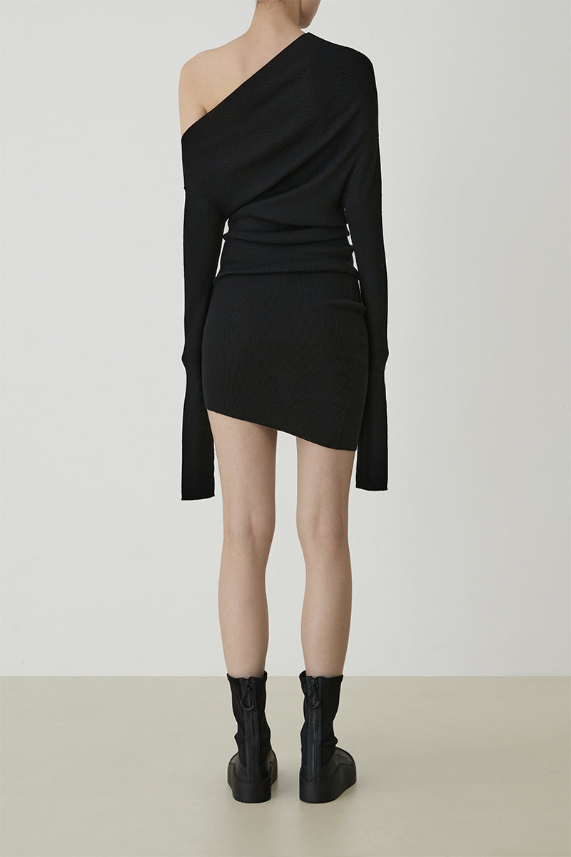Curved Multi-wear Wool Knit Dress - Black