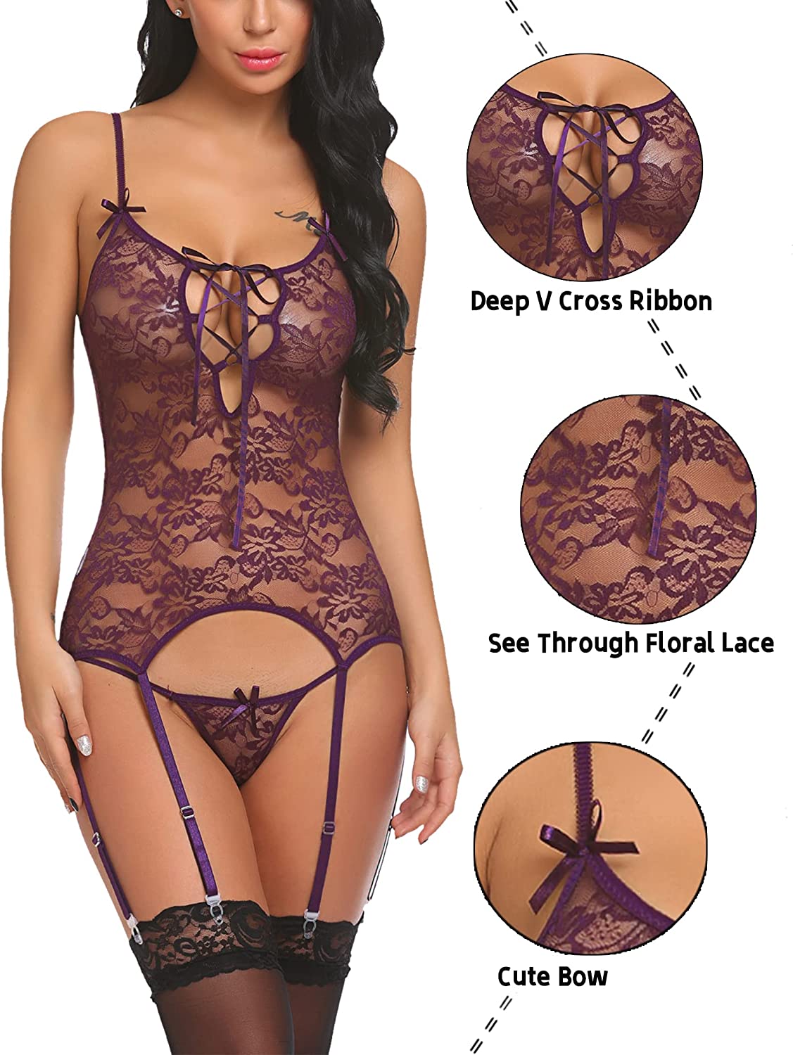 Avidlove Lace Bodysuit Lingerie Set Babydoll Chemise with Garter Belts