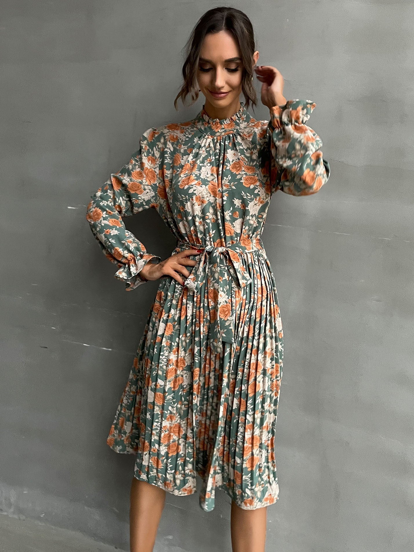 Printed high neck Pleated Dress